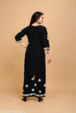 Black rayon kurta set with embroidered net pants, three-quarter sleeves - Indian traditional clothing for women size M to 4XL