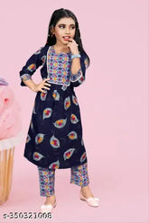 Stylish rayon kurta and trousers set for girls, print pattern, calf length, three-quarter sleeves, 8-9 to 13-14 years, Indian ethnic wear