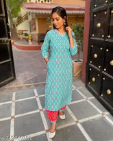 Sky cotton kurti set with palazzos, printed net, three-quarter sleeves. Cotton fabric for comfortable Indian fashion, single size XL/XXL. Made in India
