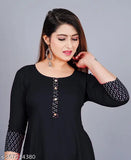 Black rayon round pleated flared kurti with 3/4 sleeves, stylish casual and formal wear for women
