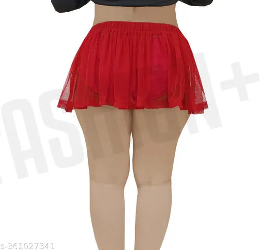 Soft red net mini mesh skirt for women's honeymoon, dating, clubs cover up. Versatile pleated design with solid net pattern, available in multiple sizes from 26-38. Made in India