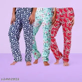 Cotton blend calf-length printed lounge wear pajamas for women & girls (3pc set: L, XL, XXL/XXXL) - Indian origin