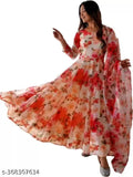 Georgette white kurta with dupatta, printed long-sleeved Indian outfit, single size S-XXXL, Made in India