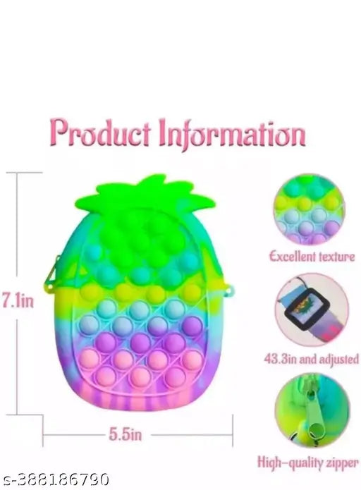 Light pineapple patterned, spacious PU sling bag for kids & girls. Adjustable strap, single zipper closure