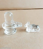 Crystal sphatik Nandi and Shivling idols (60gm, 40gm), 5cm tall for home temple pooja & decoration, India origin