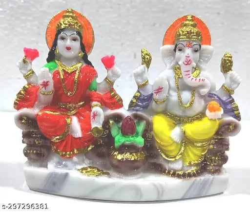 Marble finish Laxmi-Ganesha statue, Hindu God and Goddess of wealth and wisdom for Pooja Room table decoration - 20 cm