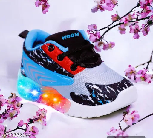 Breathable cotton blend unisex kids' shoes with LED lights, ideal for night outings and exploration. High-quality material, lace-up fastening, memory foam insole, adjustable hook & loop closure