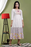 Viscose rayon printed embroidered Anarkali kurti, three-quarter sleeves, Indian embroidery design on display