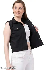 Black denim women's sleeveless jacket from New Classic Enterprises, featuring solid pattern and metallic buttons