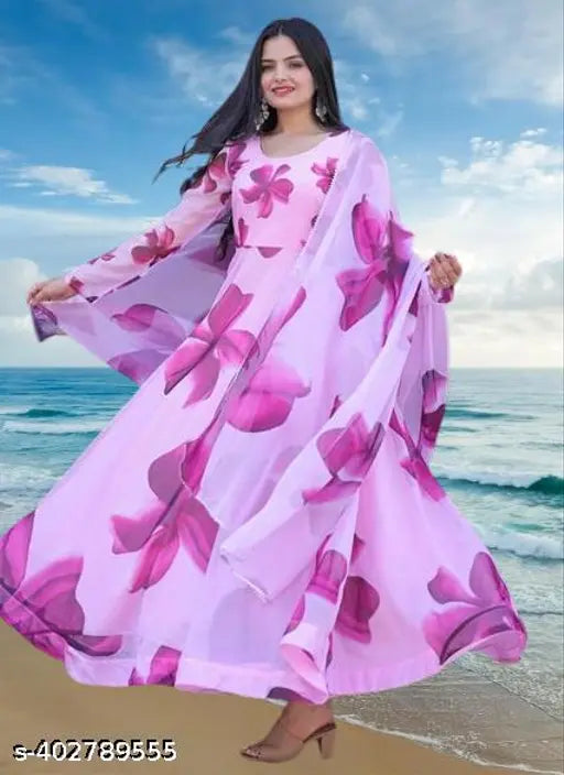Modern Floral Pink Georgette Gown, elegant evening wear for women with long sleeves and round neckline, perfect for parties or special occasions