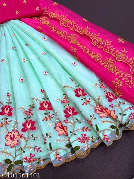 Embroidered dupion silk lehenga choli with net dupatta, heavy thread work and cut work broder in semi-stitched style, length: 41-43 inches, country of origin: India