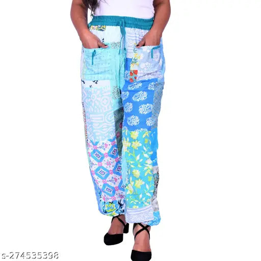 Bohemian print maxi rayon pajamas for women, colorful patchwork design on free size lounge pants