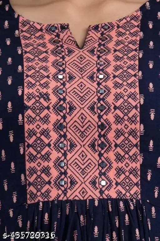 Yellow rayon Anarkali printed women's kurti with three-quarter sleeves, round neck, and traditional embroidery - available in S to XXXL sizes from India