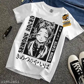 White Demon Slayer printed polyester unisex casual wear round neck half sleeve t-shirt on model
