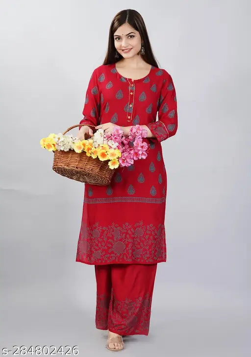 Women's Rayon Printed A-line Kurta and Palazzo Set - Rayon ethnic wear set, perfect for college, office or small occasions, long straight style, professional look, Indian origin