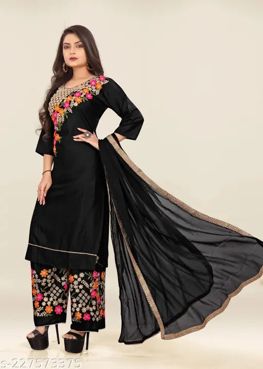 Black embroidered rayon kurta set with palazzos and dupatta for women, featuring three-quarter sleeves. Rayon bottomwear also included. Sizes available from S to XXXL. Indian-origin handcrafted embroidery