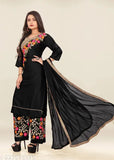 Black embroidered rayon kurta set with palazzos and dupatta for women, featuring three-quarter sleeves. Rayon bottomwear also included. Sizes available from S to XXXL. Indian-origin handcrafted embroidery