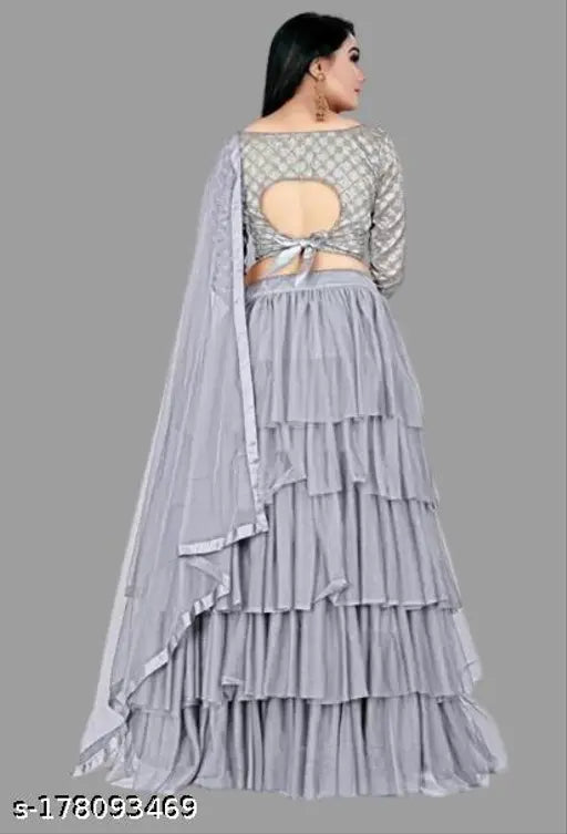 Embroidered silk satin lehenga choli set with net dupatta, ideal for festivals, parties, traditional events, and weddings