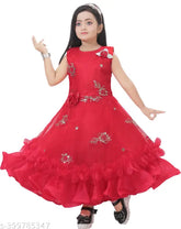 kids girls dress new model premium quality net fabric below knee length fit and flare design round neck full sleeves India