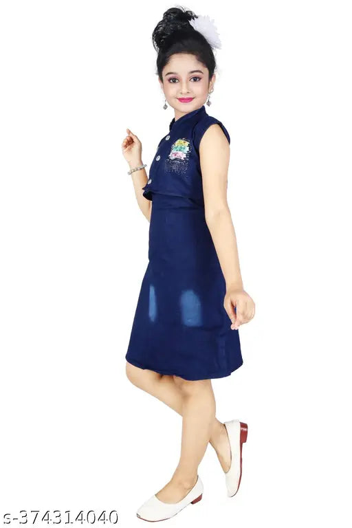 Denim sleeveless dress for little girls, printed net pattern in 3-10 years sizes, made in India