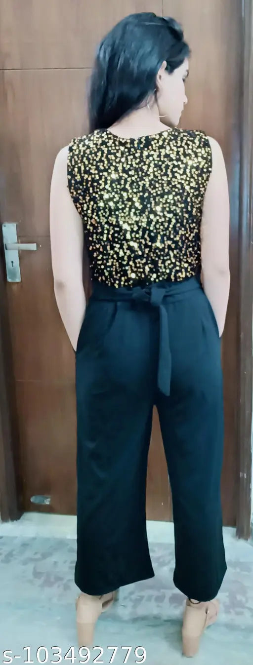 Sleeveless cotton blend gold sequin jumpsuit for women, red sequins and tulle in pleated design