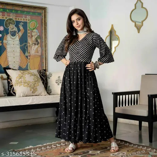 Leheriya print rayon anarkali gown, three-quarter sleeves, vibrant Indian women's fashion