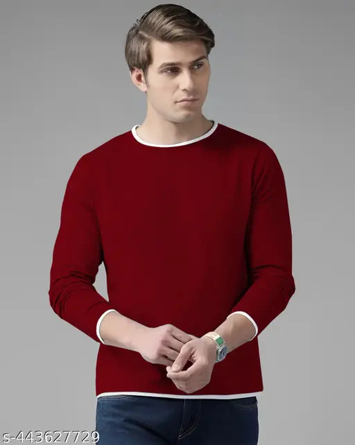 Maroon cotton blend long sleeve men's t-shirt, plain design, made in India