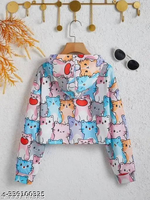 Cat printed cotton blend crop top hoodie for girls, long sleeves, various sizes available