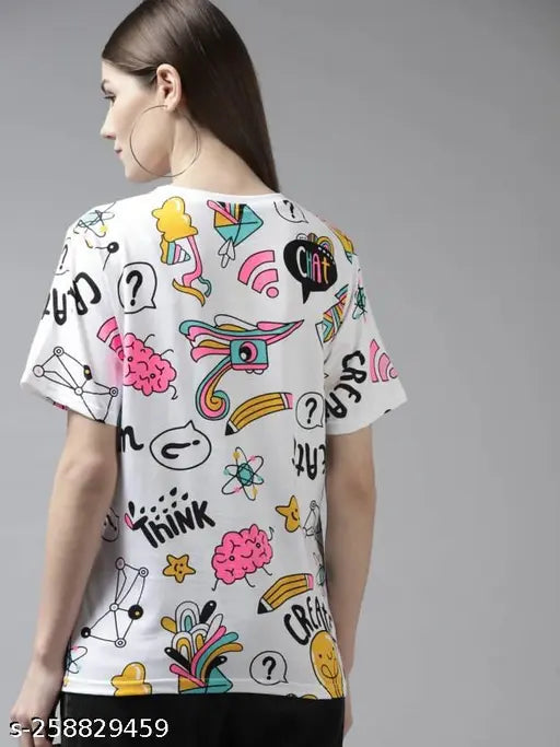 White oversize women's cotton round neck t-shirt with printed design, short sleeves - Indian made fashion