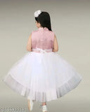 White net party dress, embellished, three-quarter sleeves, two-color (pink and white), knee-length, for kids ages 9-10 years. Indian-origin children's wear