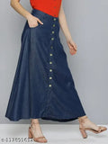 Blue denim women's skirt, casual fit and flattering design, solid pattern, size 26-44, made in India