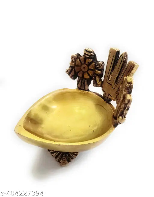 Brass Shankh Chakkar Deepak, 250gm traditional Indian temple lamp with 10cm length and height