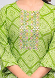 Green rayon Bandhni Styles kurti with embroidered yoke and three-quarter sleeves, multi-colored applique pattern on a Jaipuri sanganei print