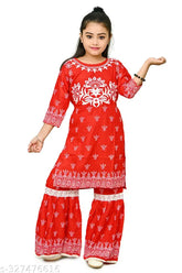 Printed rayon Kurta Sahrara set for girls festive season, A-line with three-quarter sleeves