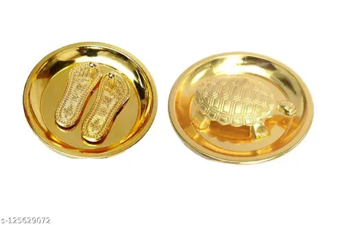 Gold brass Vastu Tortoise & Lakshmi Charan Paduka Yantra, 9 cm diameter. Feng Shui showpiece for wealth, luck, and success