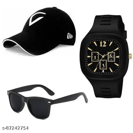 Tekzie embroidered cotton cap, sunglasses, and watch set for men and boys, pack of 3 - Indian-made luxury fashion accessories with net pattern