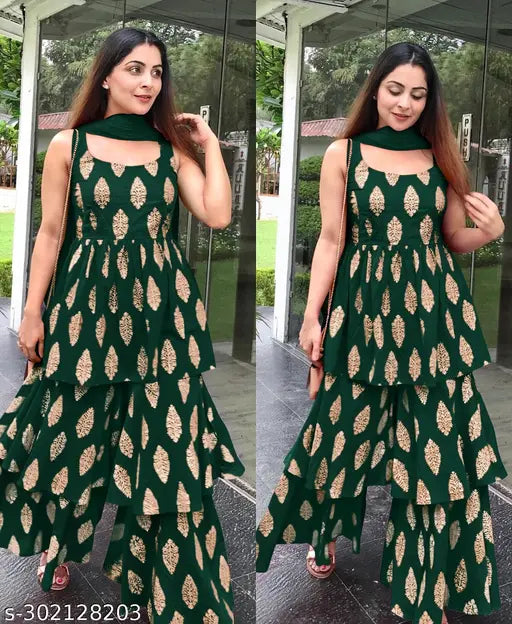 Gorgeous green rayon sharara kurti with net dupatta, perfect for occasional and daily wear. Indian-made quality product