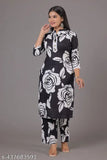 Black rayon kurta pant set, printed design by Neel Fashion & Art Gallery, three-quarter sleeves, palazzos style