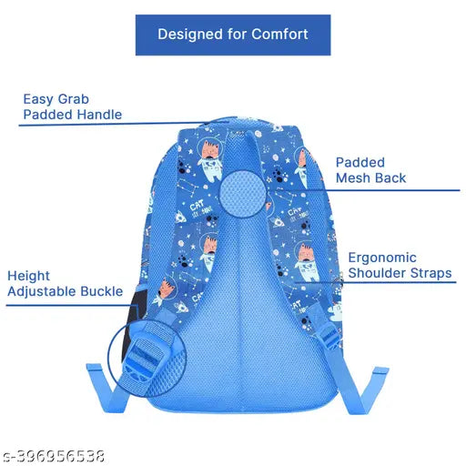 RR Skyblue Cat Stronaut polyester school backpack, ideal for Class 1-8, free size with dimensions 32x28x2cm