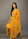 Yellow cotton Kajukatri embroidered duppata and kurta set with three-quarter sleeves, size S-XXXXL. Beautifully embellished stitching for special occasions. Made in India