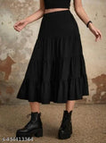 Black rayon calf-length Western skirt for women, solid pattern, India origin, size 24 (waist 30in, hip 36in)
