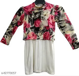 Pink & White super soft velvet midi-length casual winter dress, printed net pattern, full sleeves, trendy kids fashion, comfortable wear