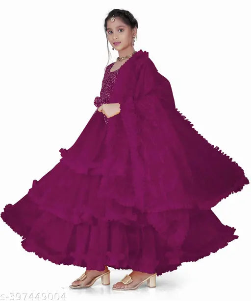 Elegant net kids formal dresses, three-quarter sleeves, solid pattern, intricate embroidery. Indian designer kids evening gowns for parties and events
