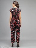 Black crepe jumpsuit with red flower print, trendy women's fashion, India origin