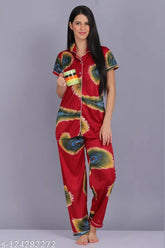 Peacock feather print satin blend nightdress and pyjama set for women, luxurious relaxation wear by Golden Diva