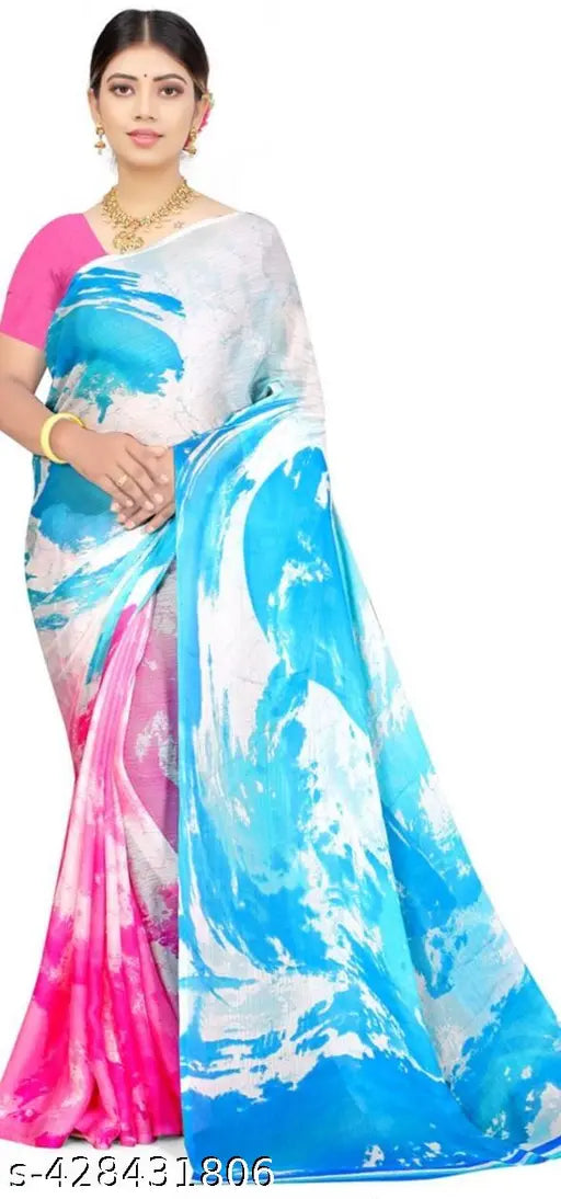 Soft Brasso Moss chiffon saree with contrast blouse, featuring a dobby print design. Premium quality, suitable for daily wear and special occasions