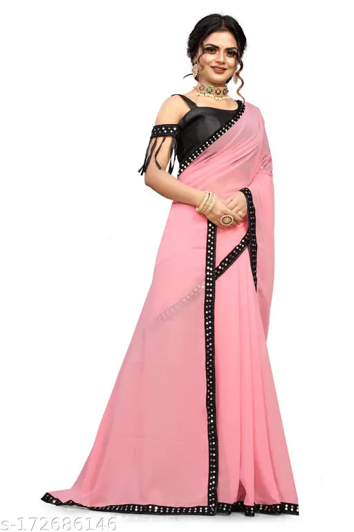 Georgette saree with less border, Banarasi silk, free size, stylish evening wear