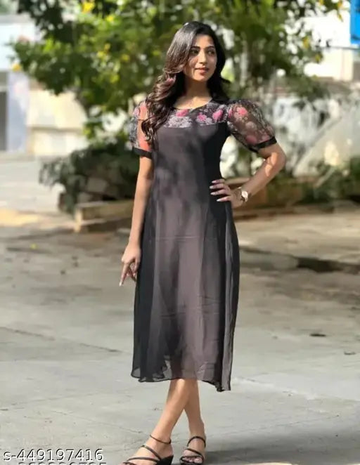 Black georgette & orgza festival special kurti with printed combo, three-quarter sleeves for women's partywear