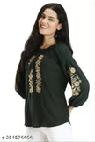 Green and orange embroidered viscose rayon flared tunic with three-quarter sleeves and border embroidery on sleeves for women's rib crop top