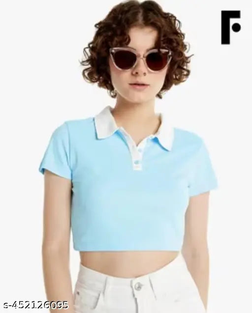 Cotton casual collared crop top, free size (36in bust, 26in length), trendy import